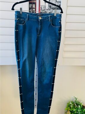 Trussardi Blue mid rise Skinny Jeans with studded Side Trim. Size 16